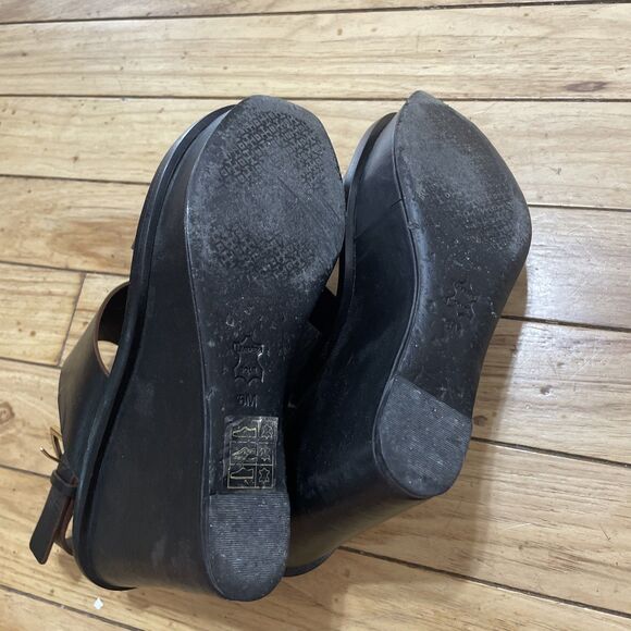 Tory Burch Genuine Leather Platform Wedge Heels Women 6 Black Boho Gold Buckle - Picture 11 of 16